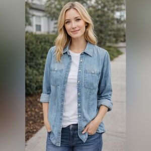 Talbots Chambray Denim Casual Button Front Cotton Long Sleeve Layering Shirt 12